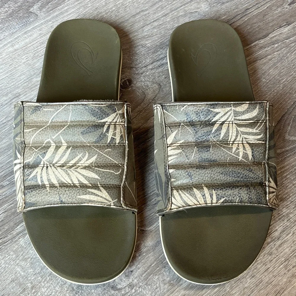 Olukai Maha Olu Slide Mens Olive Green Palm Print Sandals 10517 Size 11